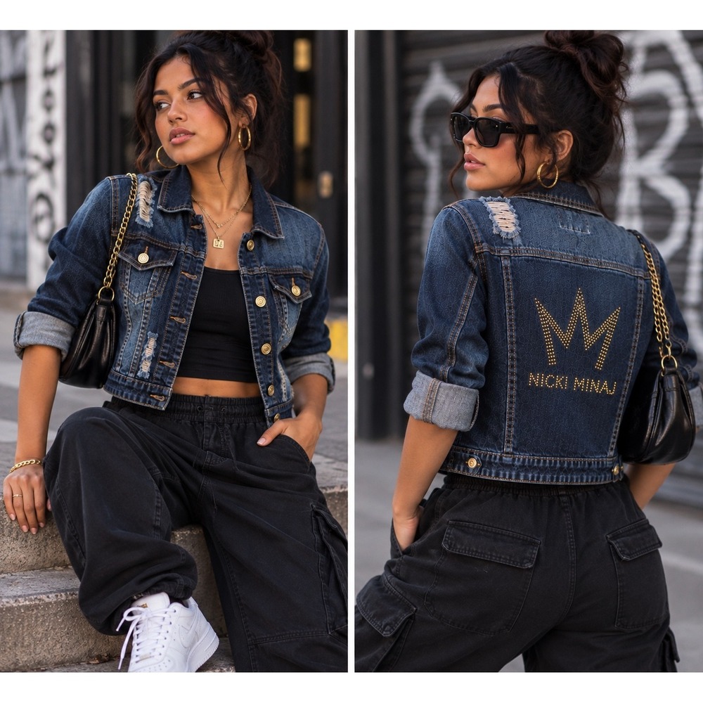 Nicki Minaj Women's Juniors Large Distressed Cropped Denim Jacket Studded Logo
